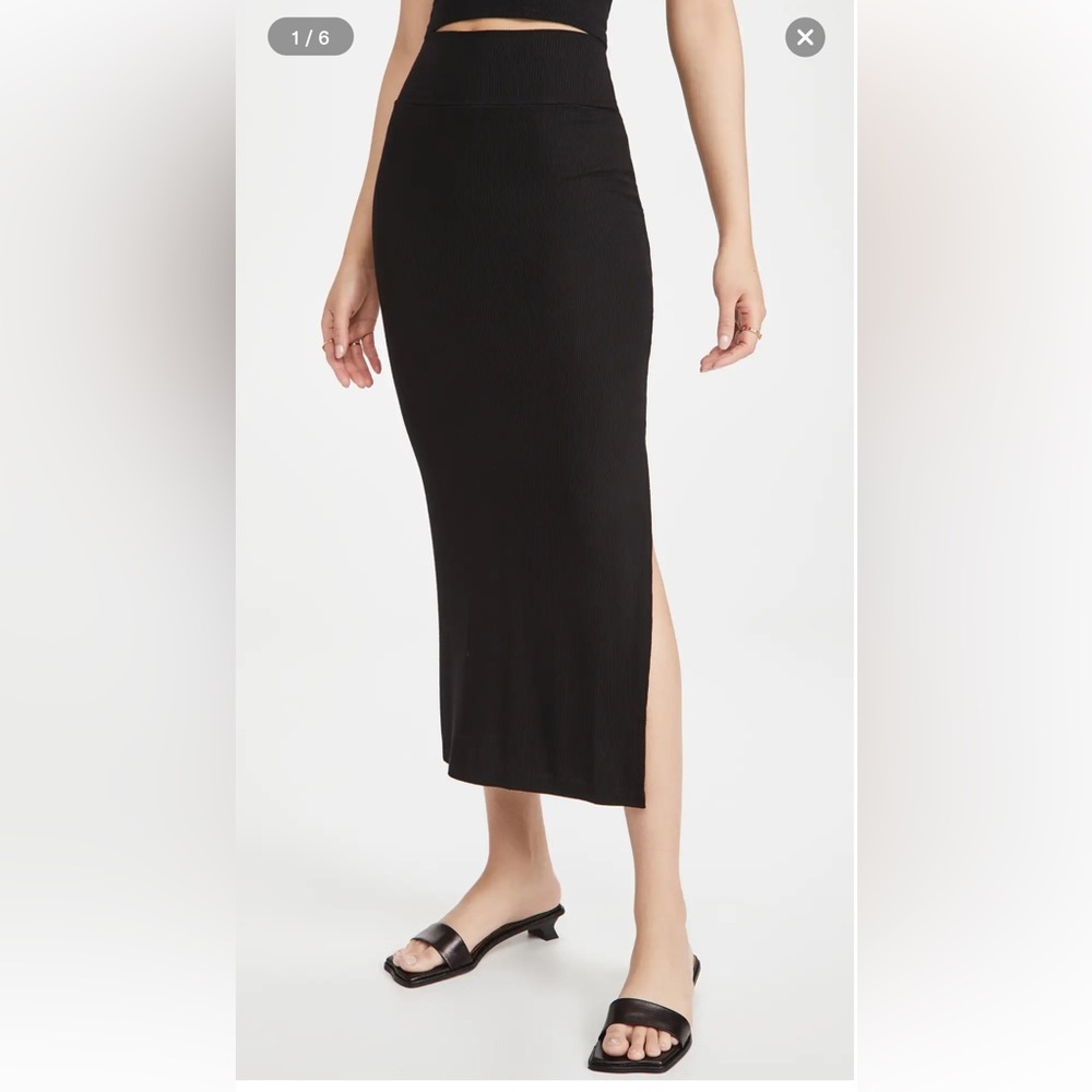 Enza Costa Black Ribbed Midi Skirt with Side Slit
